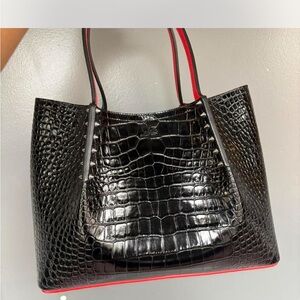 Christian Louboutin Cabarock Black Croc-Embossed Patent Leather Tote Bag